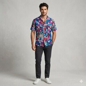 Burma Bibas Vintage 100% Silk Abstract Geometric Short Sleeve Button Up Shirt M